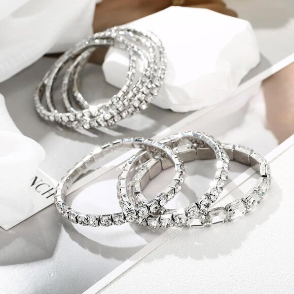 ✨ Winssigma Stretch Bracelets Women Silver Bridal Stackable Rhinestone Jewelry - Picture 5 of 6